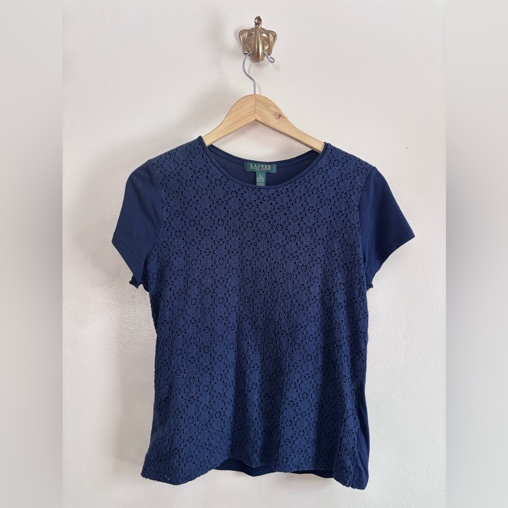 Lauren Ralph Lauren Navy Short Sleeve Lace Front Tee size‎ PL
